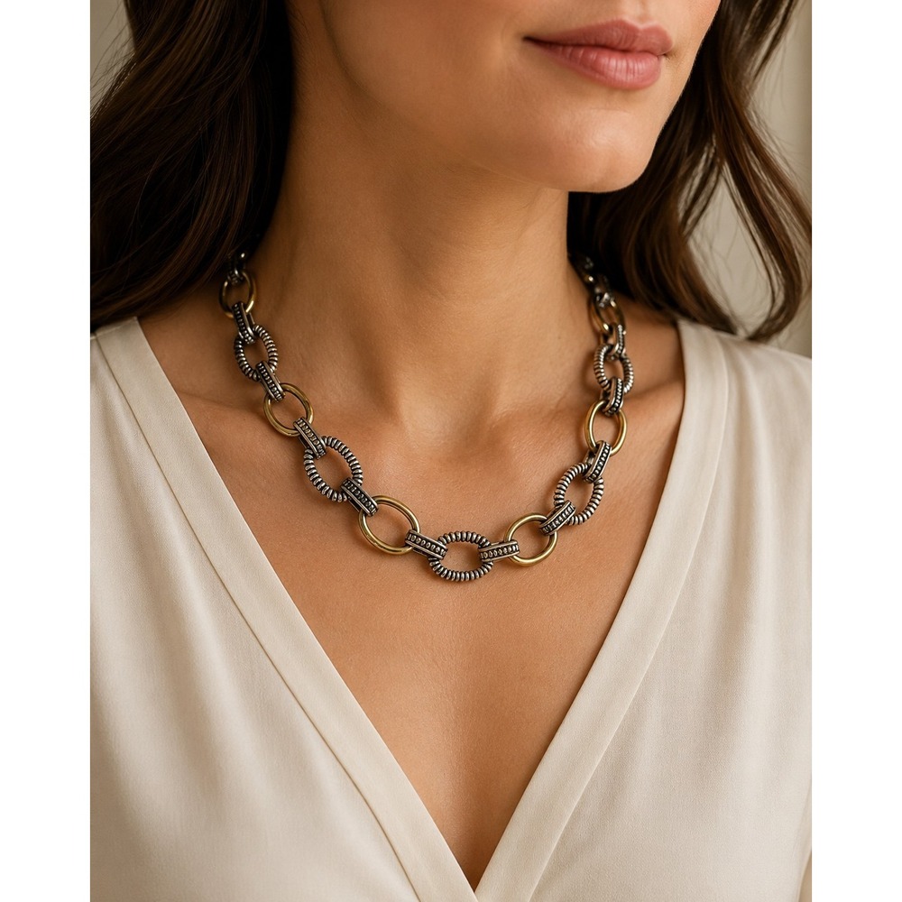 Two Tone Mixed‎ Metal Statement Link Necklace Toggle Clasp Silver Gold Tone